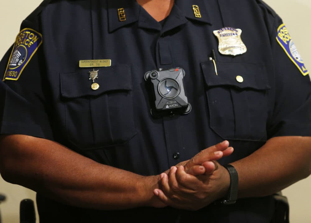 Then-Superintendent in Chief William Gross is pictured wearing a body camera during the pilot program for Boston police in 2016. (Jessica Rinaldi/The Boston Globe via Getty Images)