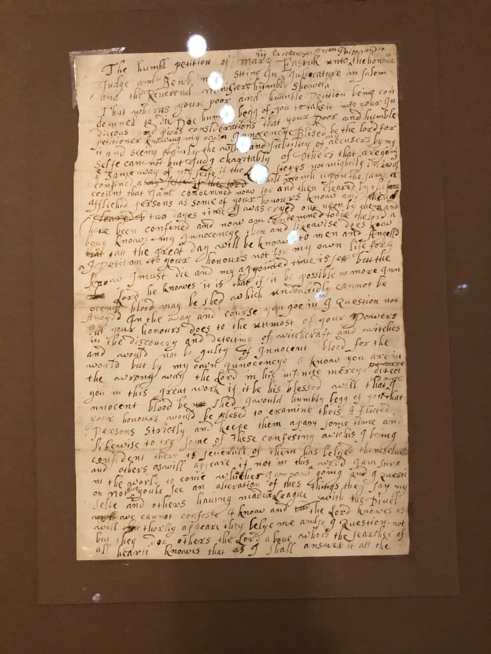 Mary Easty, who was condemned to die, attempted to save other lives by writing a petition in 1692. (Andrea Shea/WBUR)