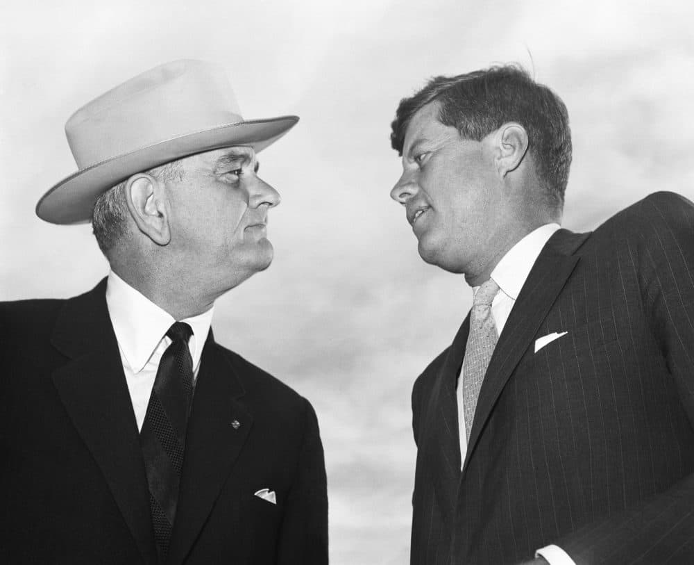 Senators John F. Kennedy, right, Democratic presidential candidate, and Lyndon B. Johnson, vice-presidential candidate, as they campaign together in Amarillo, Texas, Nov. 3, 1960. (AP Photo)