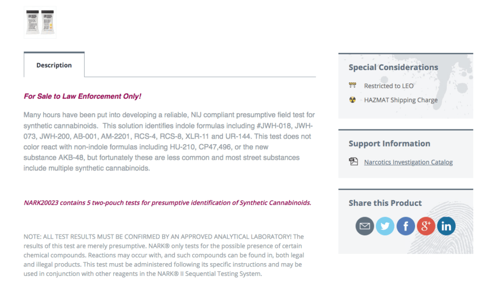 A screenshot shows a warning issued by forensics company Sirchie that its &quot;presumptive&quot; tests for synthetic cannabinoids &quot;MUST BE CONFIRMED BY AN APPROVED ANALYTICAL LABORATORY!&quot; (Screenshot via sirchie.com)