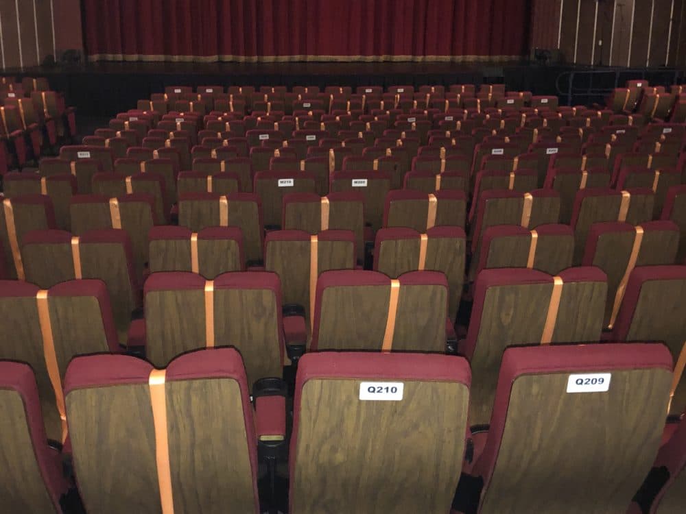 Seating is marked to allow for social distancing at Coolidge Corner Theatre. (Courtesy Katherine Tallman)