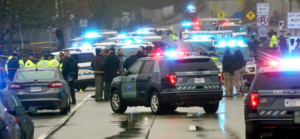 The scene of the fatal shooting of Juston Root along Route 9 in the Chestnut Hill area of Boston on Feb. 7. (David L. Ryan/The Boston Globe via Getty Images)