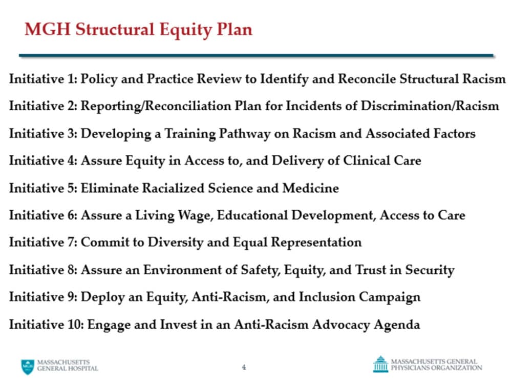 A screenshot of a slide from a Mass General Brigham presentation outlining its 10-point plan to address racism within the hospital system. (Courtesy Mass General Brigham)