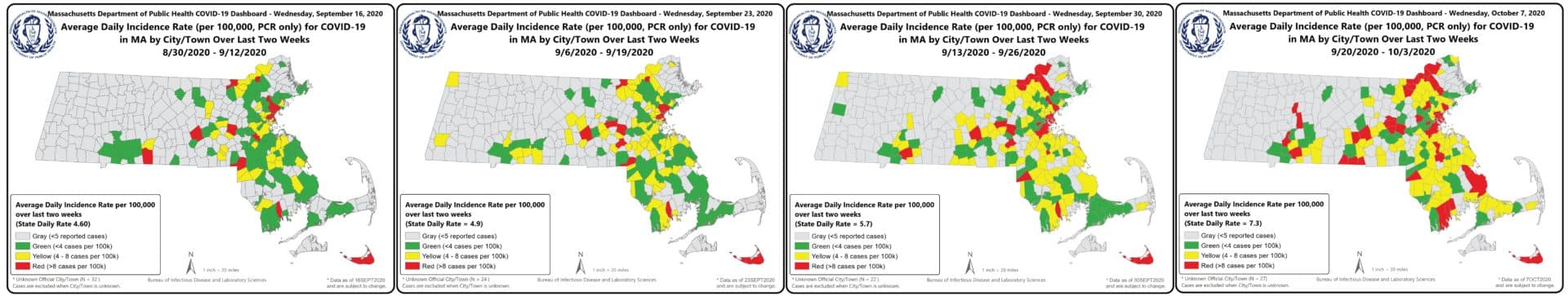 A time series showing the state's weekly coronavirus risk map shown as a time series over four weeks. (Massachusetts Department of Public Health)