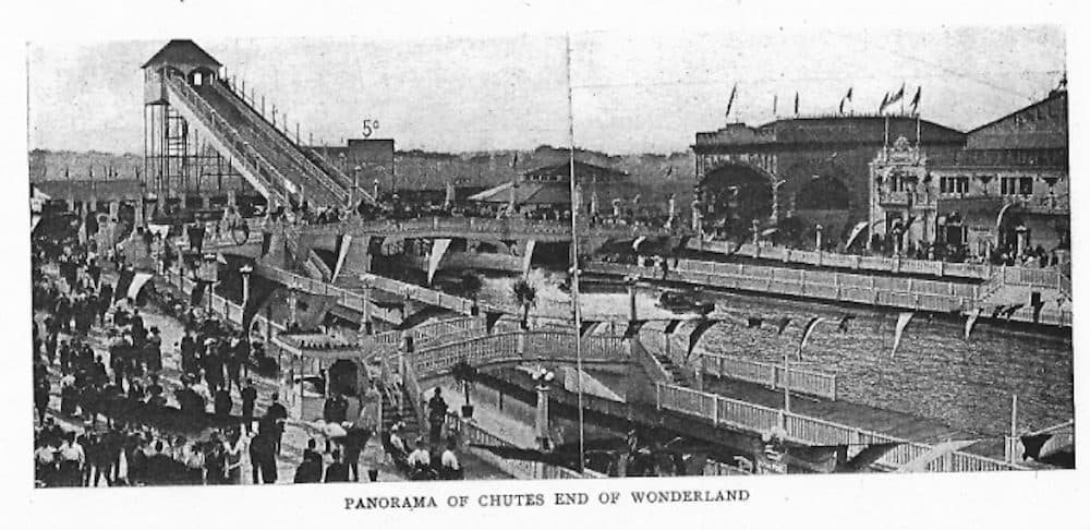 A panorama of the &quot;Shoot the Chutes&quot; ride at Wonderland Park. (Courtesy Stephen R. Wilk)