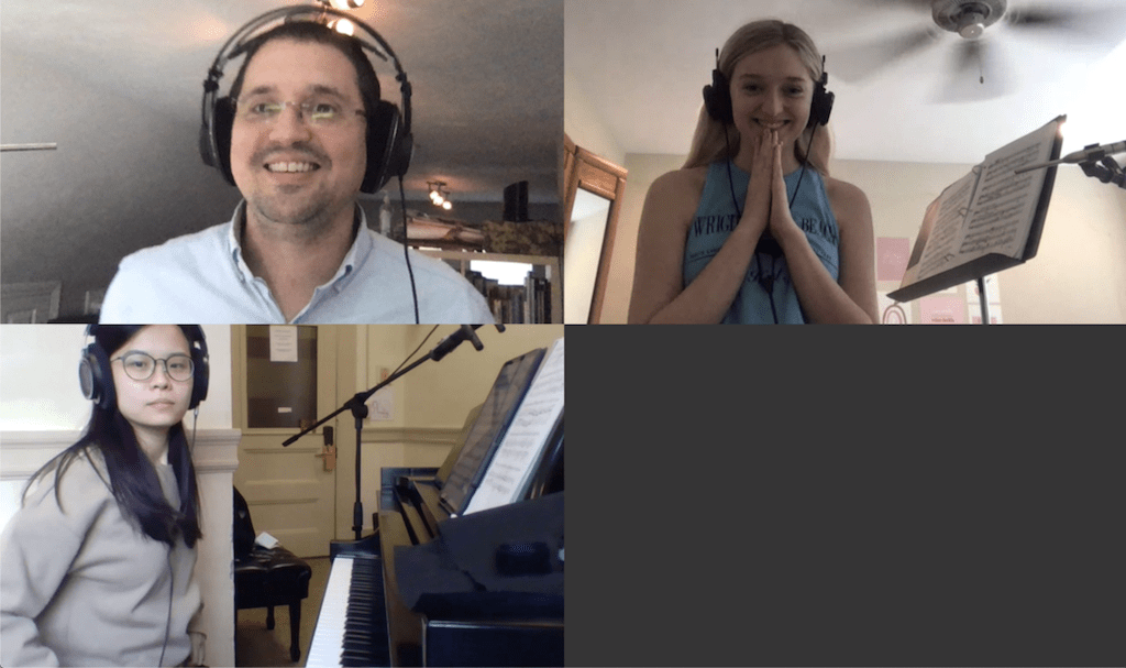 New England Conservatory voice professor Ian Howell, upper left, works remotely with students Kaitlin Burton, right, and Cynthia Tseng, lower left, using technology that eliminates delays. (Courtesy)