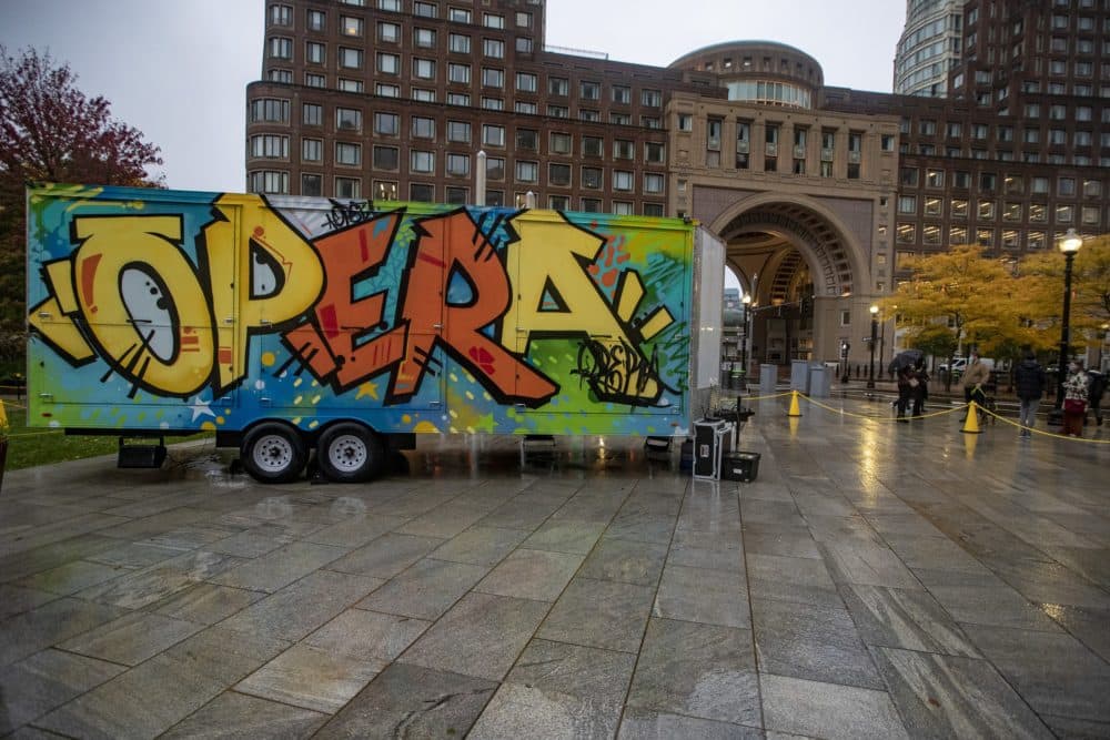 The Boston Lyric Opera Street Stage at the Rose Kennedy Greenway in front of the Boston Harbor Hotel. (Jesse Costa/WBUR)