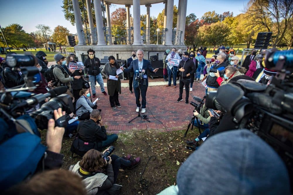 Sen. Ed Markey spoke at a &quot;Count Every Vote&quot; rally on Boston Common Nov. 5. Markey's reelection helped Massachusetts Democrats preserve an all-blue congressional delegation. However, Markey has not pledged to support the Democratic nominee for governor in 2022. (Jesse Costa/WBUR)