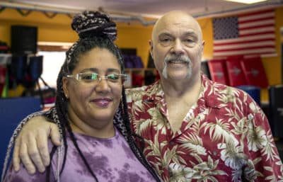 Felicia and Rick LeClair at the Budo Kai Martial Arts Institute in Leominster. (Robin Lubbock/WBUR)