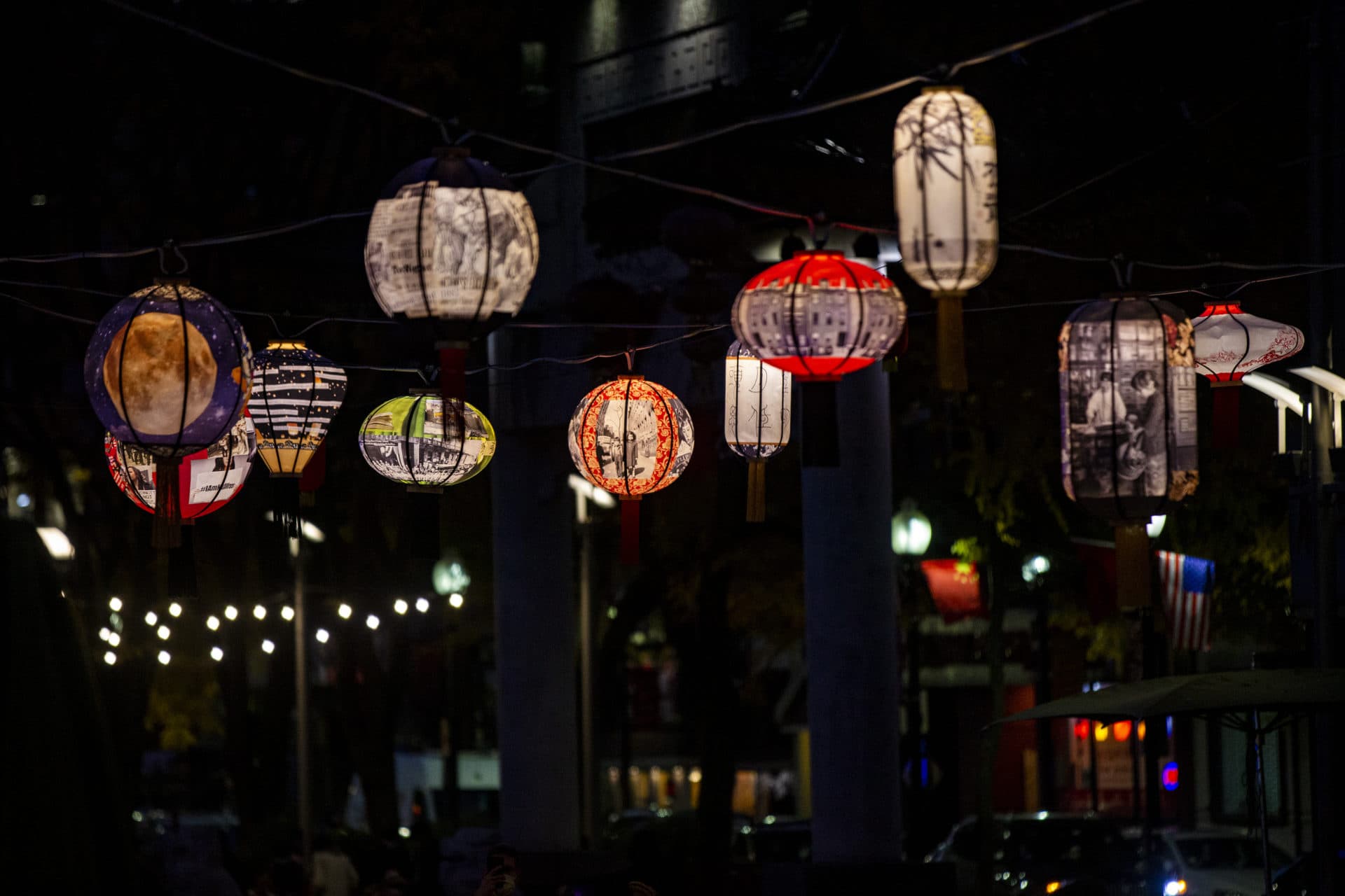 The &quot;Lantern Stories&quot; art installation by Boston artist Yu-Wen Wu at the Rose Kennedy Greenway in Chinatown. (Jesse Costa/WBUR)