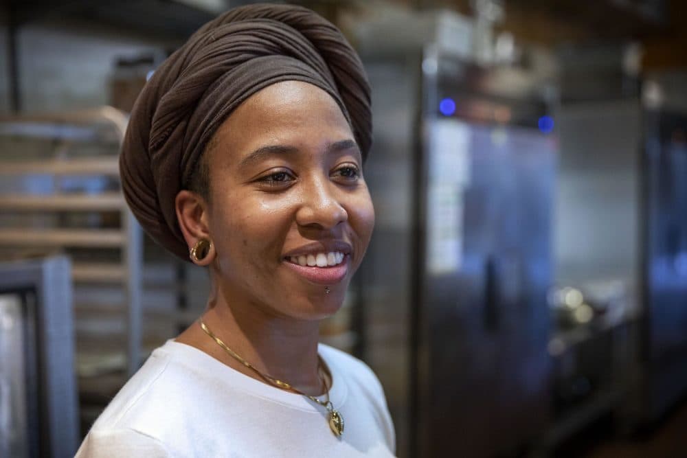 Misha Thomas is the general manager at the Haley House Bakery Café in Roxbury. Her family is of both Native American and African American descent, so she's been reflecting on Thanksgiving’s complexities for many years. (Robin Lubbock/WBUR)