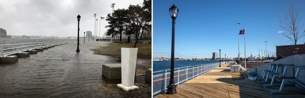 Flood water covering the harbor walk at Langone Park in March 2018, and the new harbor walk under construction in 2020 at November’s highest tide. (Courtesy Boston Parks &amp; Recreation, and Robin Lubbock/WBUR)