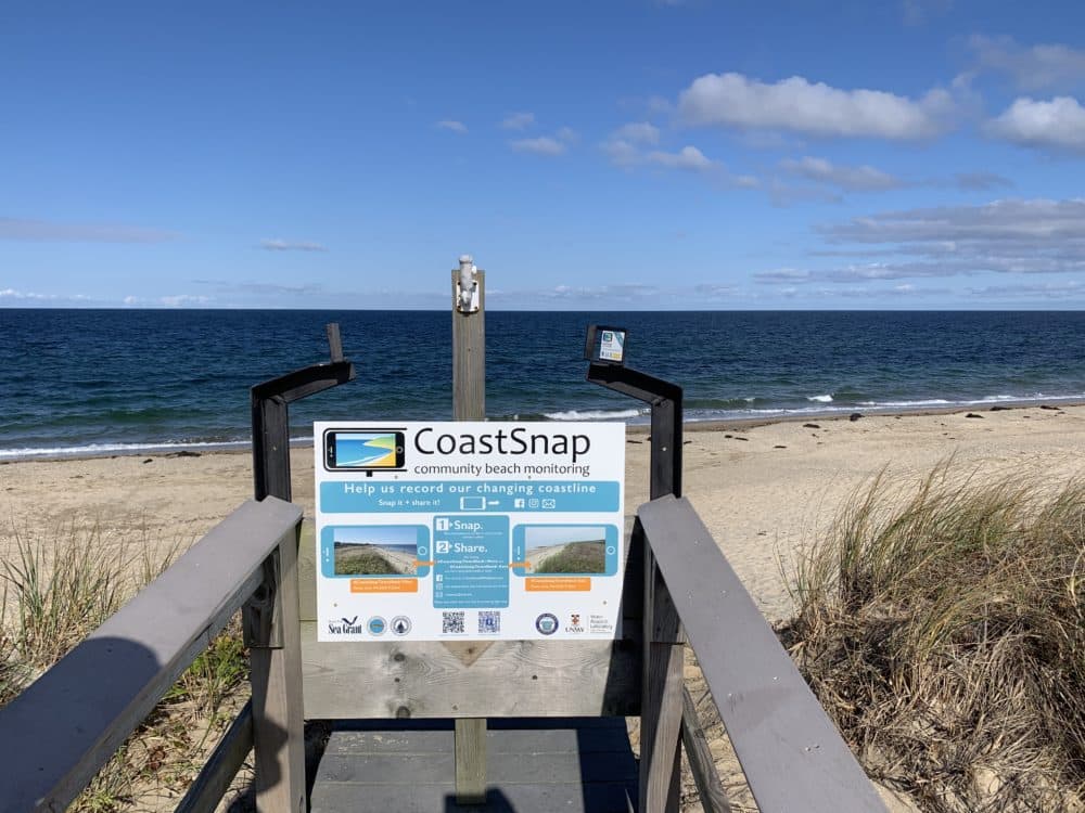 CoastSnap setup on Town Neck Beach in Sandwich. (Greg Berman / Woods Hole Sea Grant)