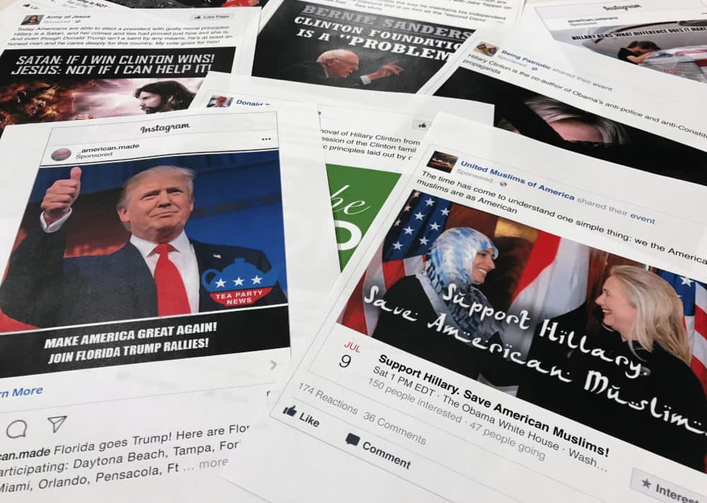 This Nov. 1, 2017 file photo shows printouts of some of the Facebook and Instagram ads linked to a Russian effort to disrupt the American political process and stir up tensions around divisive social issues, released by members of the U.S. House Intelligence committee, photographed in Washington. (Jon Elswick/AP)