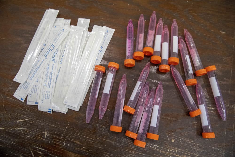 Test swabs and specimen tubes sit on a table at a COVID-19 testing site at the Abyssinian Baptist Church in the Harlem neighborhood of New York. (Mary Altaffer/AP)