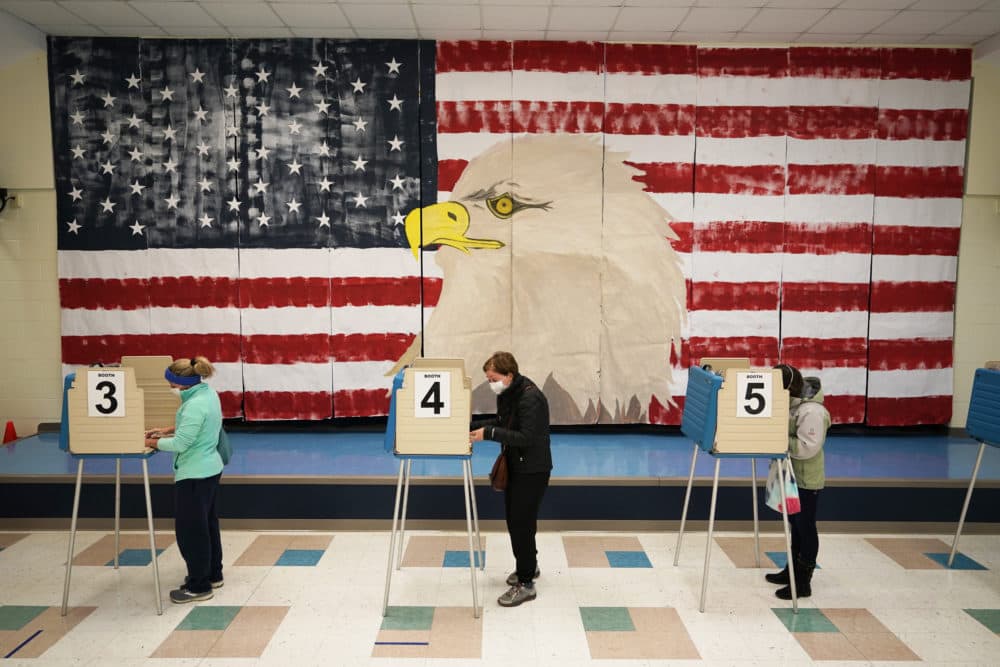 Voters cast their ballots under a giant mural at Robious Elementary school on Election Day, in Midlothian, Va., Tuesday Nov. 3, 2020. (Steve Helber/AP)