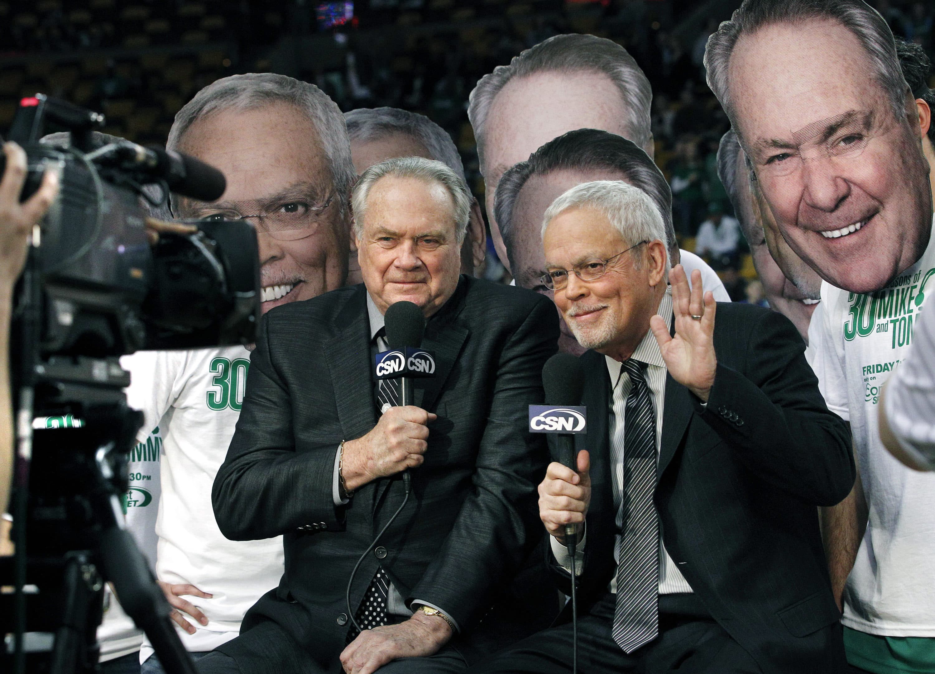 Celtics broadcasters Tommy Heinsohn, left, and Mike Gorman in 2011.(Elise Amendola/AP)