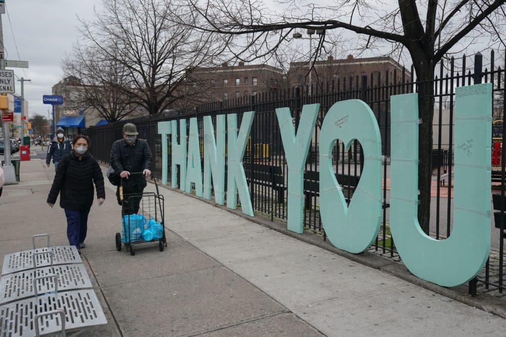 A &quot;Thank You&quot; sign for first responders stands as a fence across the street from Elmhurst Hospital in the Borough of Queens on March 31, 2020 in New York. (Bryan R. Smith/AFP via Getty Images)