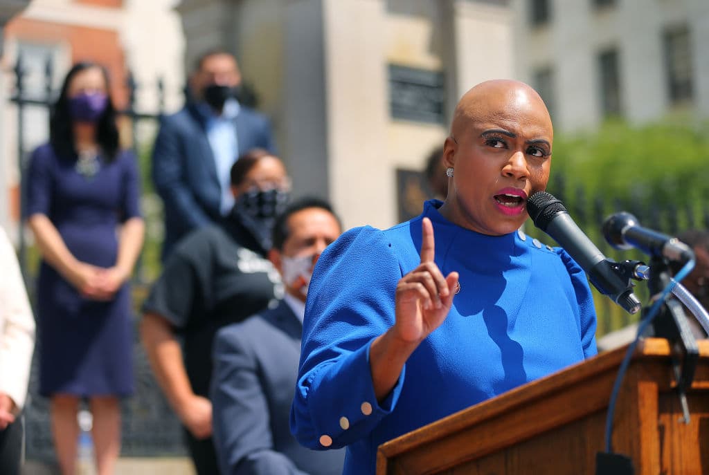 Ayanna Pressley speaks in Boston on June 2, 2020. (John Tlumacki/The Boston Globe via Getty Images)