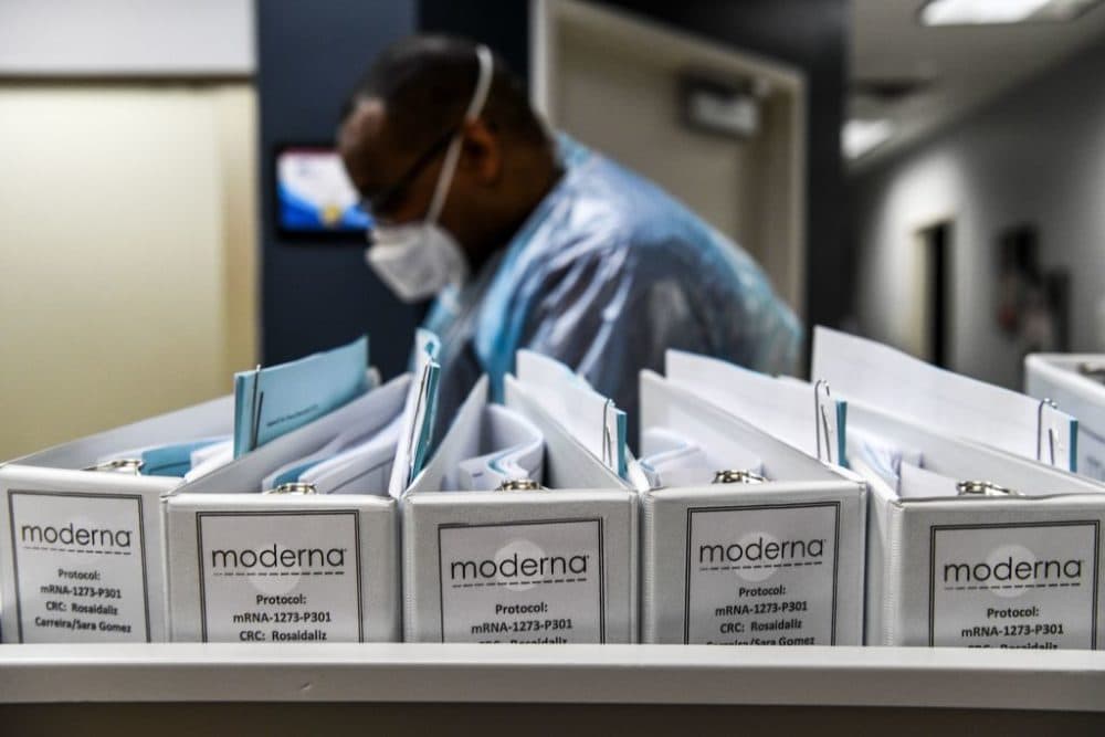 Moderna keeps its protocol files for COVID-19 vaccinations at the Research Centers of America in Hollywood, Florida. On Monday, the Cambridge-based biotech company announced its vaccine was nearly 95% effective. (Chandan Khanna/AFP via Getty Images)