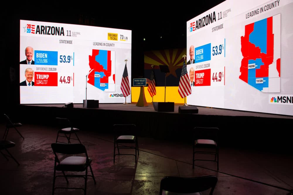 Election results from MSNBC are shown during Democratic Senate candidate Mark Kelly's Election Night event in Tucson, Arizona. Kelly ran against Republican Sen. Martha McSally for Arizona's Senate seat and is hoping to join fellow Democrat Sen. Kyrsten Sinema in the historically Republican state. (Courtney Pedroza/Getty Images)