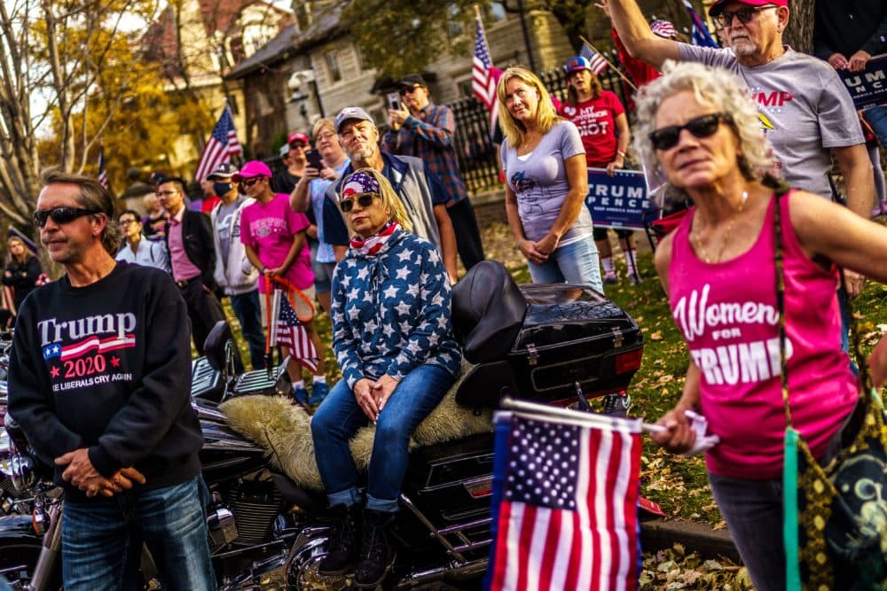 Supporters of President Donald Trump protest in front of the residence of Minnesota Governor Tim Walz in St. Paul, Minnesota, on Nov. 7, 2020. (Kerem Yucel/AFP via Getty Images)