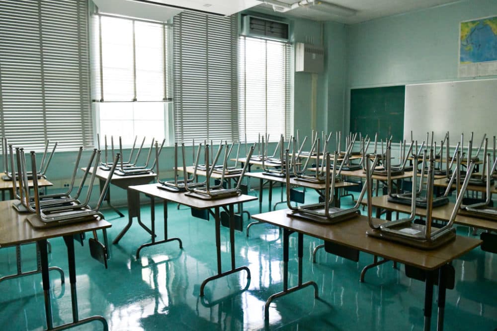 An empty classroom is seen at Hollywood High School on August 13, 2020 in Hollywood, California. (Rodin Eckenroth/Getty Images)