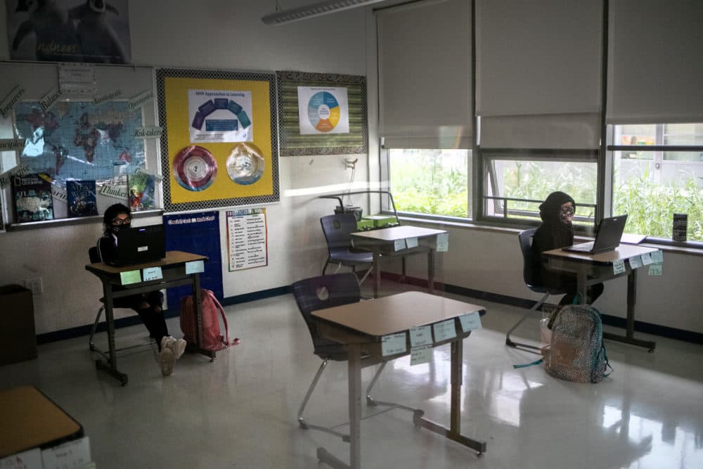 Middle school students take part in an English class at Rogers International School on Oct. 21, 2020 in Stamford, Connecticut. (John Moore/Getty Images)