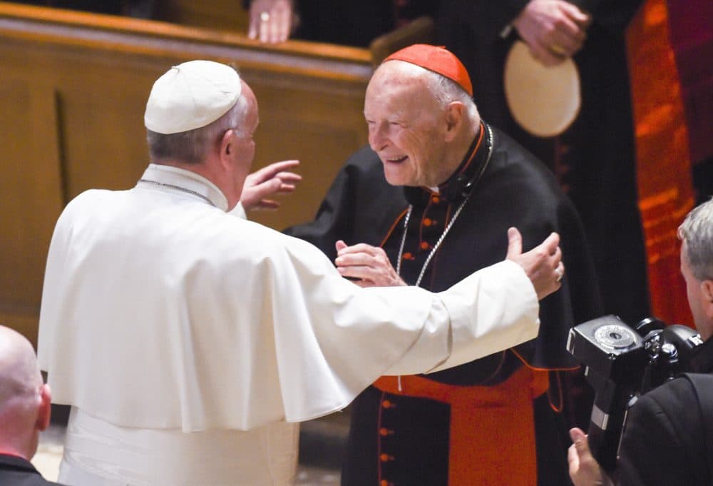 Theodore McCarrick (C) greets Pope Francis (L) during Midday Prayer of the Divine with more than 300 U.S. Bishops at the Cathedral of St. Matthew the Apostle on September 23, 2015 in Washington, DC. (Jonathan Newton-Pool/Getty Images)