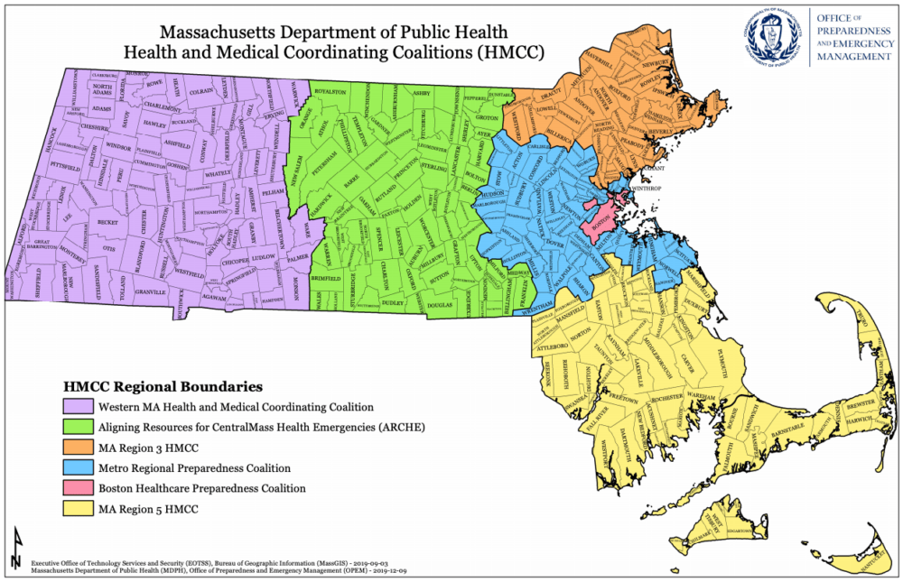 Hospitals are divided by the regions outlined in this map from the Massachusetts Department of Public Health. For the purpose of resurgence planning, the metro area and the Boston area are combined. (Massachusetts Office of Preparedness and Emergency Management)