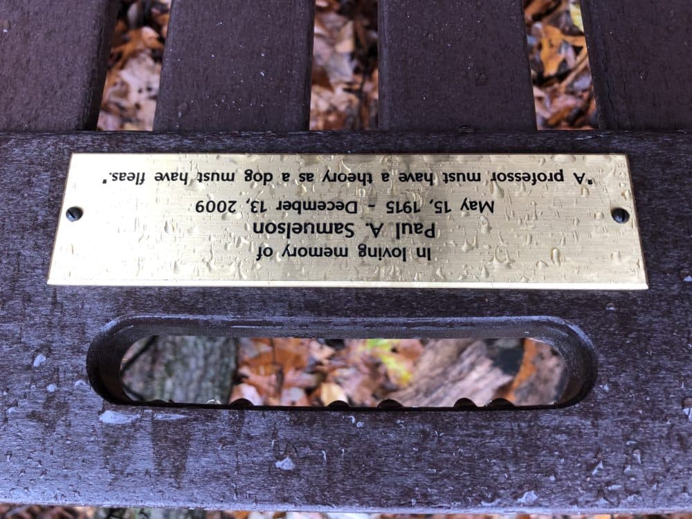 A bench dedicated to the memory of economist Paul Samuelson in Belmont's Habitat Education Center and Wildlife Sanctuary. (Rich Barlow/courtesy)