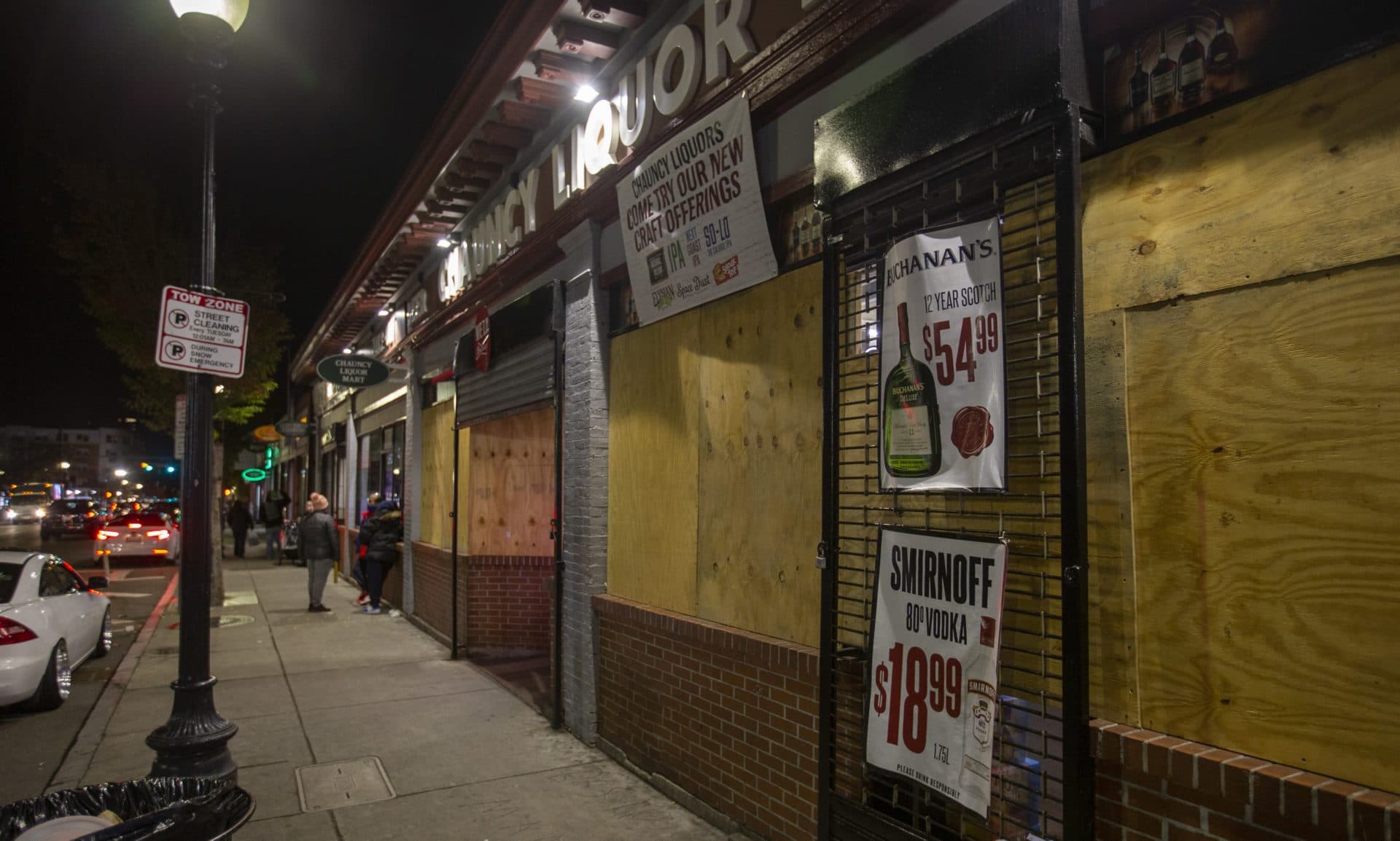 Chauncy Liquor Mart in Roxbury boarded up in case of election unrest on Tuesday night. (Joe Difazio for WBUR)