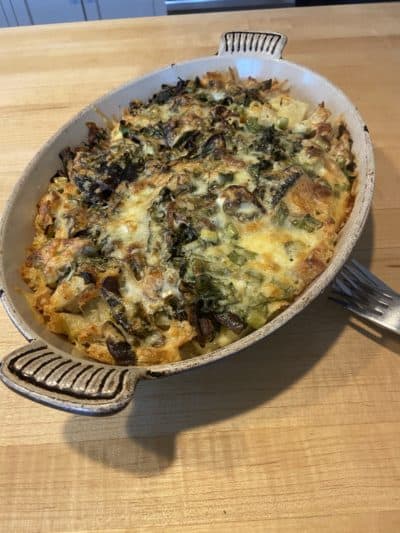 Savory bread pudding. (Kathy Gunst)