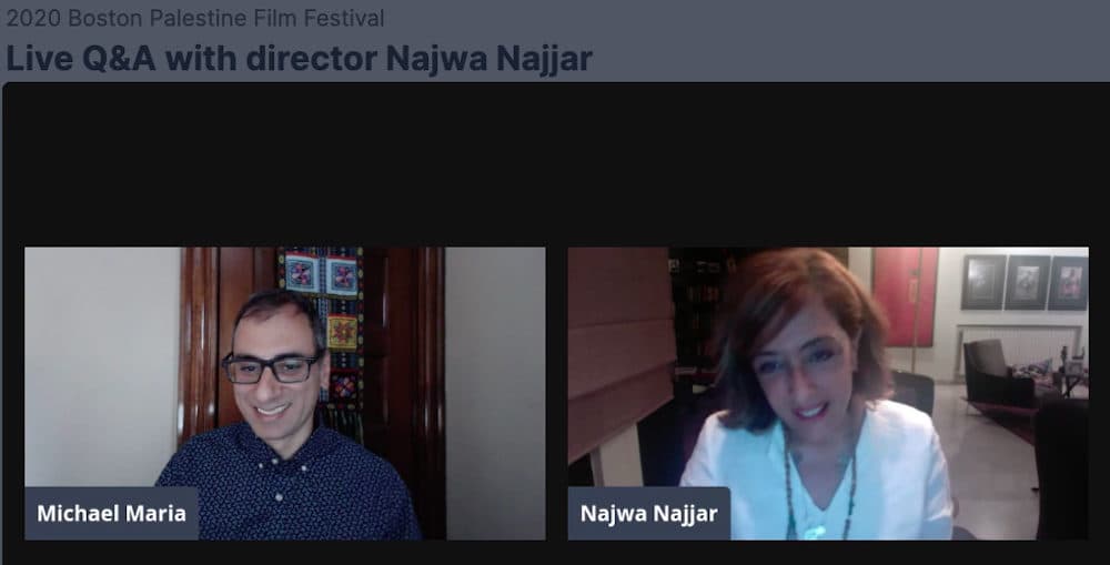 Michael Maria (left) and Najwa Najjar during a Q&amp;A at the 2020 Boston Palestine Film Festival. (Courtesy)