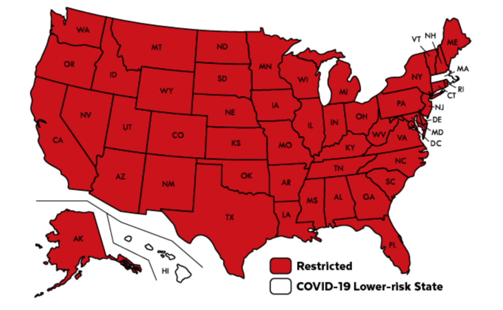 A map from the Massachusetts' website, showing all &quot;high risk&quot; states for travel. As of Saturday, Nov. 28, only Hawaii is considered a &quot;lower risk&quot; state for COVID-19. 