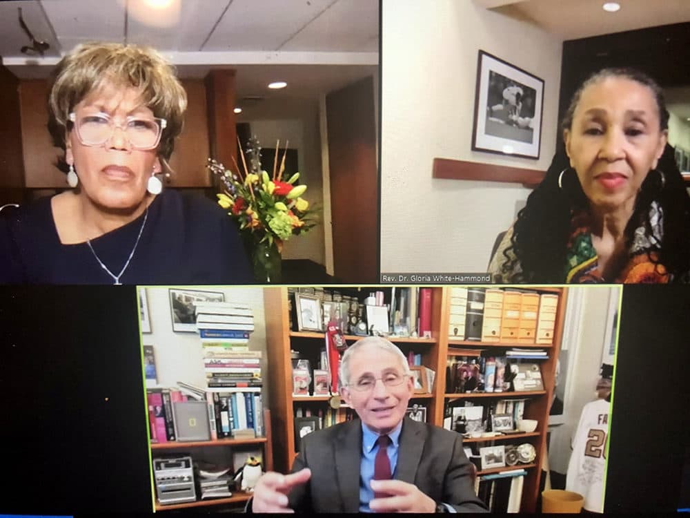 Rev. Liz Walker (left) and Pastor Gloria White-Hammond (right)'s Zoom with Dr. Anthony Fauci. (Screenshot)