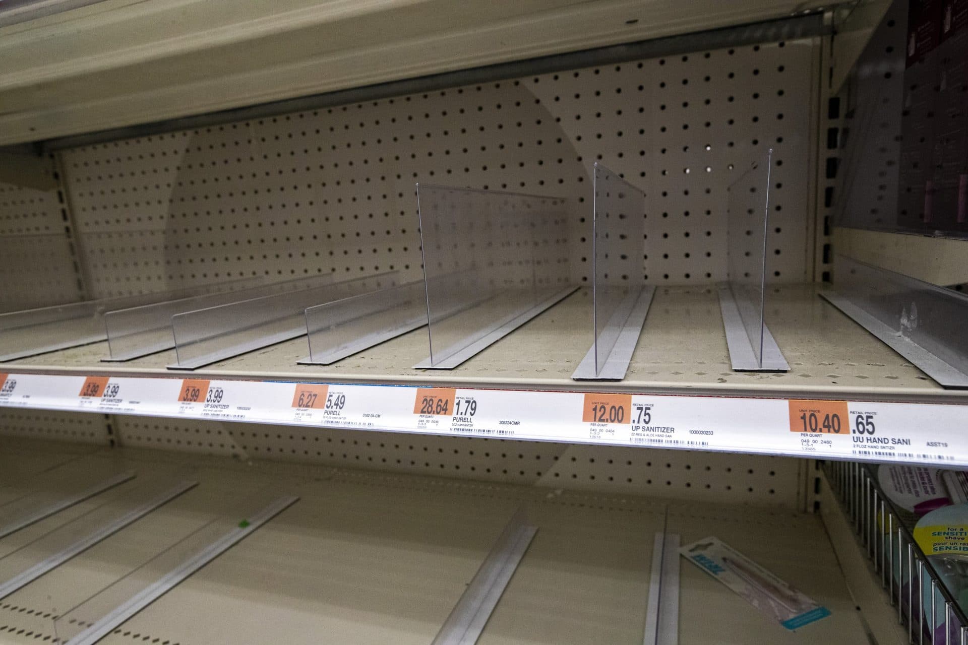 What hand sanitizer that was in the Target in Watertown was wiped out immediately. (Jesse Costa/WBUR)