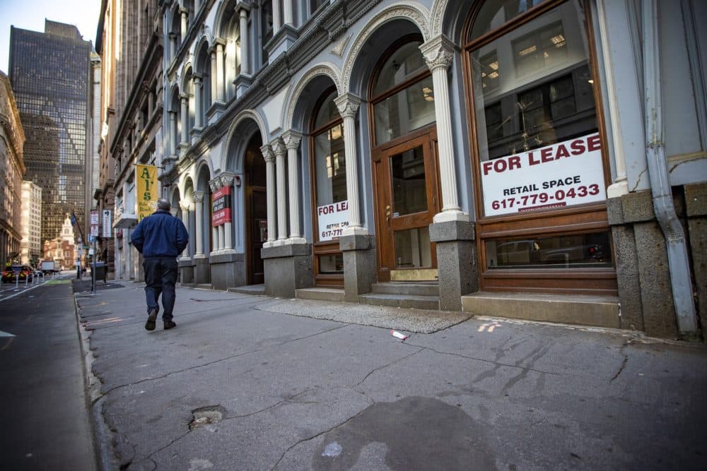 Retail spaces for lease on State Street in the Financial District. (Jesse Costa/WBUR)