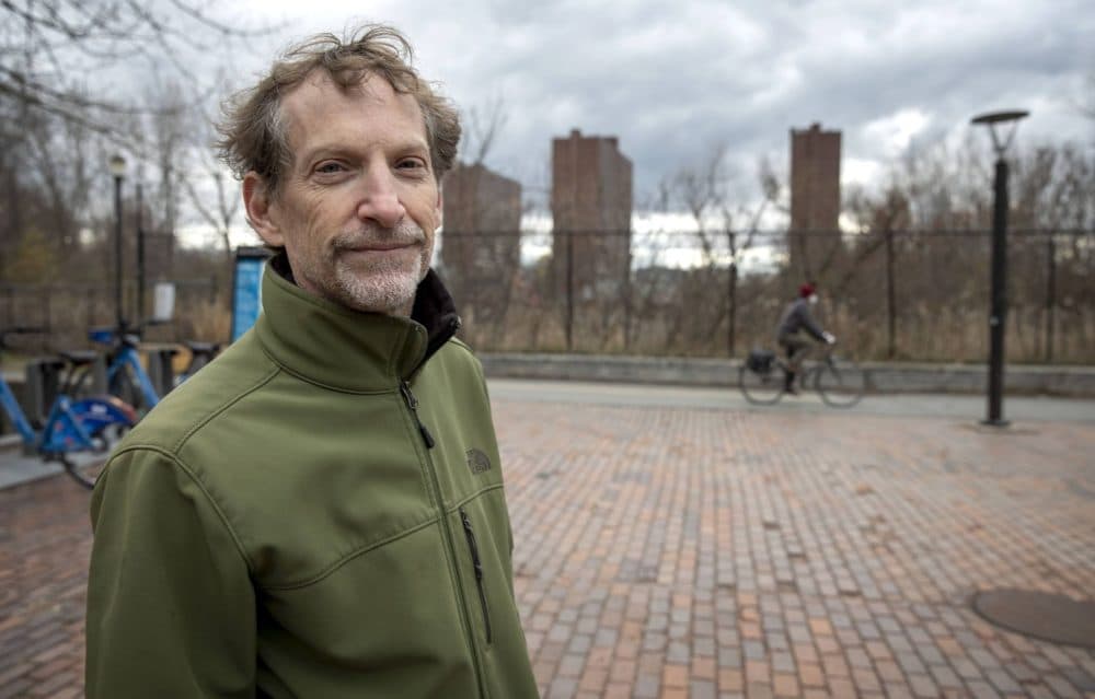 Eric Grunebaum, of Friends of Jerry's Pond, at the Alewife MBTA entrance. (Robin Lubbock/WBUR)