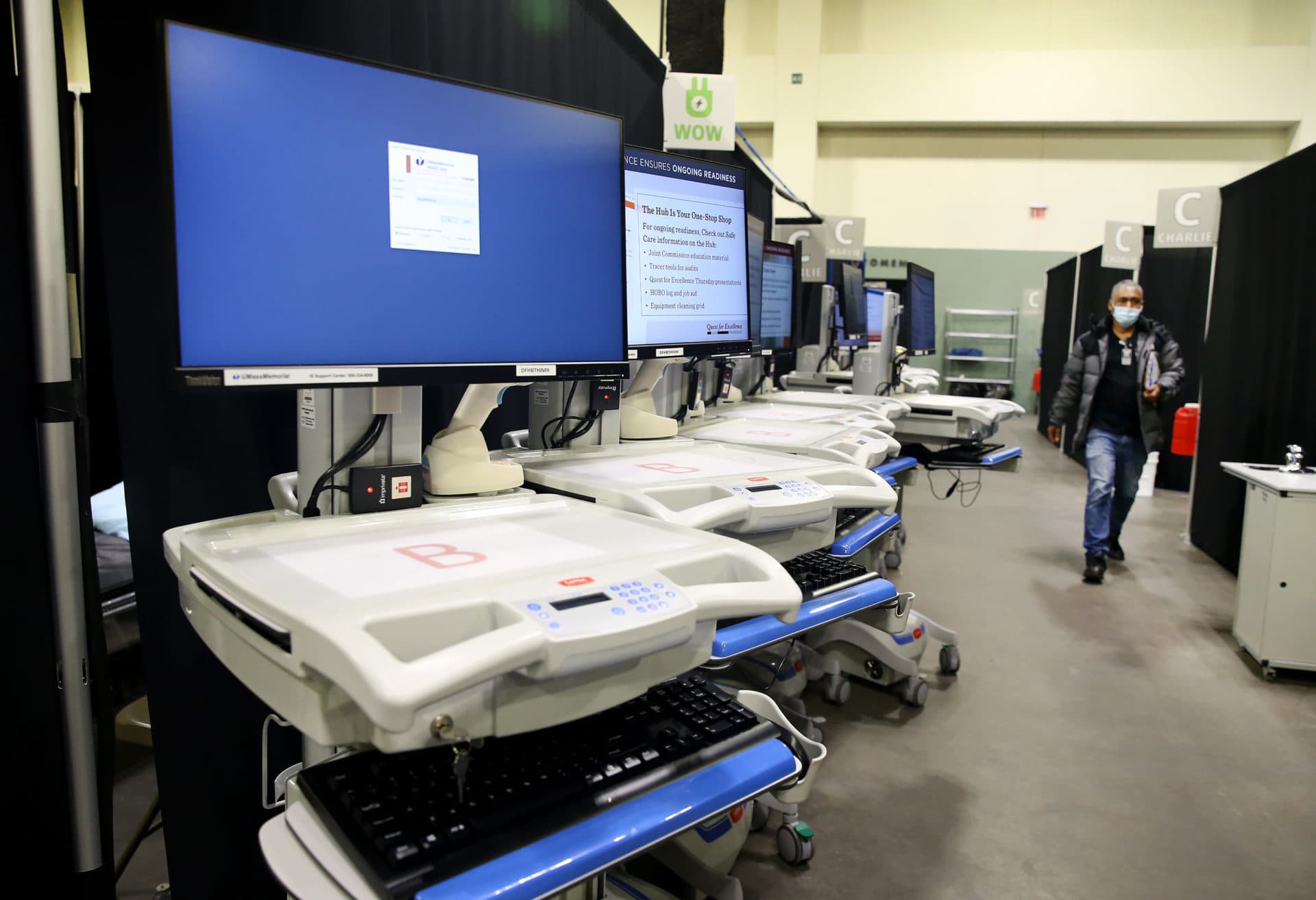 Medical equipment sits at the ready at the DCU Center as it gears up to be used as a Covid field hospital for the second time. (Nancy Lane/MediaNews Group/Boston Herald)