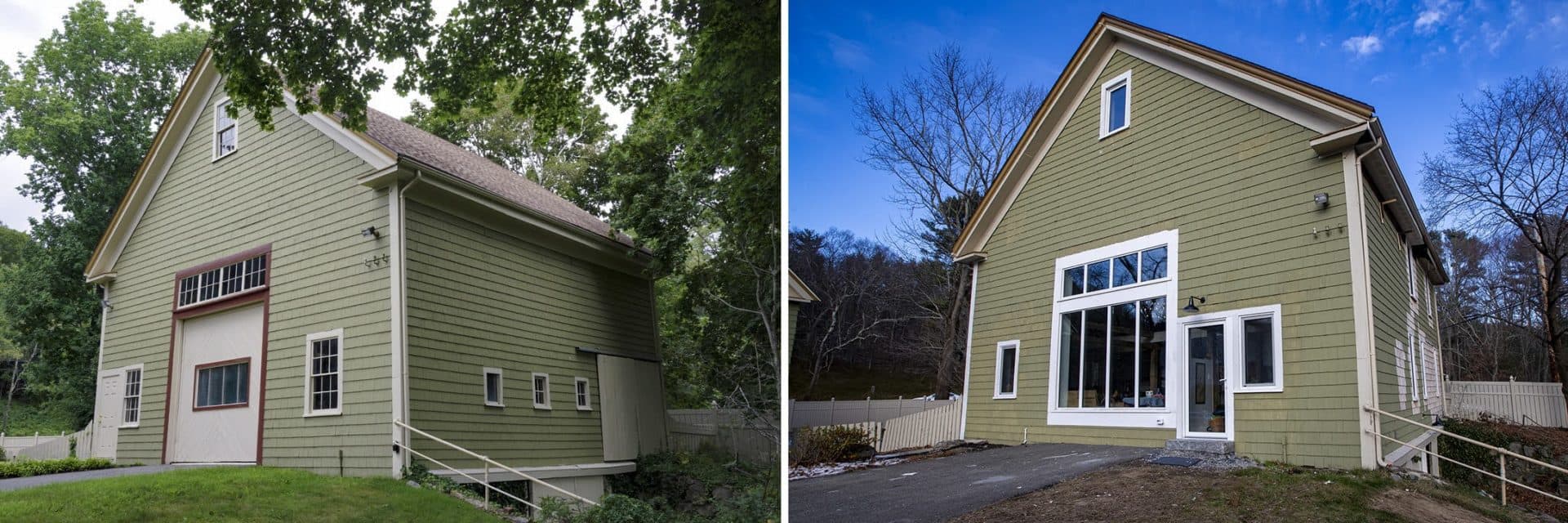 Simón Ríos’s restored barn. Before (Simón Ríos/WBUR) And after. (Jesse Costa/WBUR)