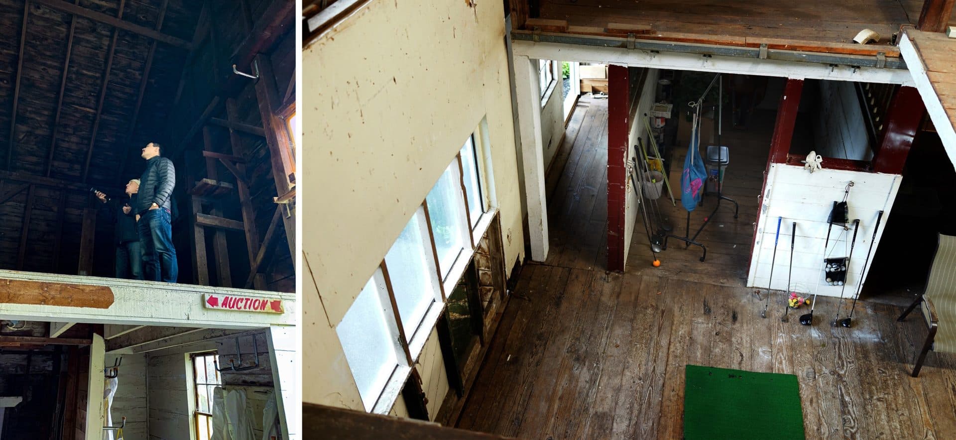 (Left) Architect Andres Bernal, right, and structural engineer Stanislav Berdichevsky, discuss the remodeling of a 100-year-old horse barn. (Right) View of the interior of the barn from above. (Simón Ríos/WBUR)