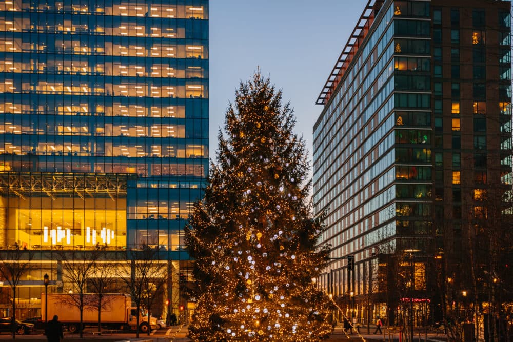 A view of the Christmas tree at the &quot;Snowport.&quot; (Courtesy Boston Seaport)