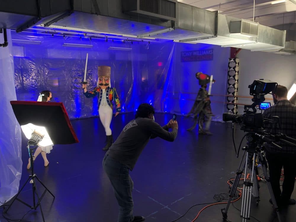A behind-the-scenes image of the filming for Holiday Pops: Festive Stories for the Whole Family. (Courtesy Cambridge Symphony Orchestra)