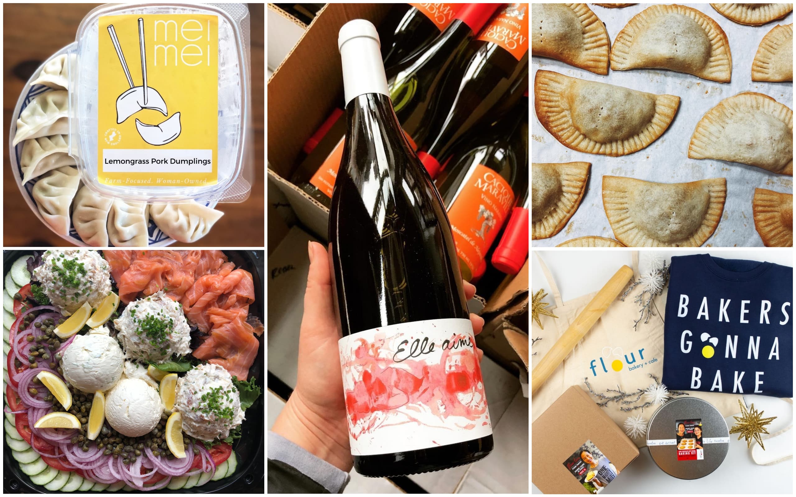 Clockwise from top left: Lemongrass pork dumplings from Mei Mei, a bottle of wine sold at Rebel Rebel, empanadas at Buenas, a collection of giftable items from Flour Bakery + Cafe and a smoked fish platter from Mamaleh's Delicatessen. (Courtesy)