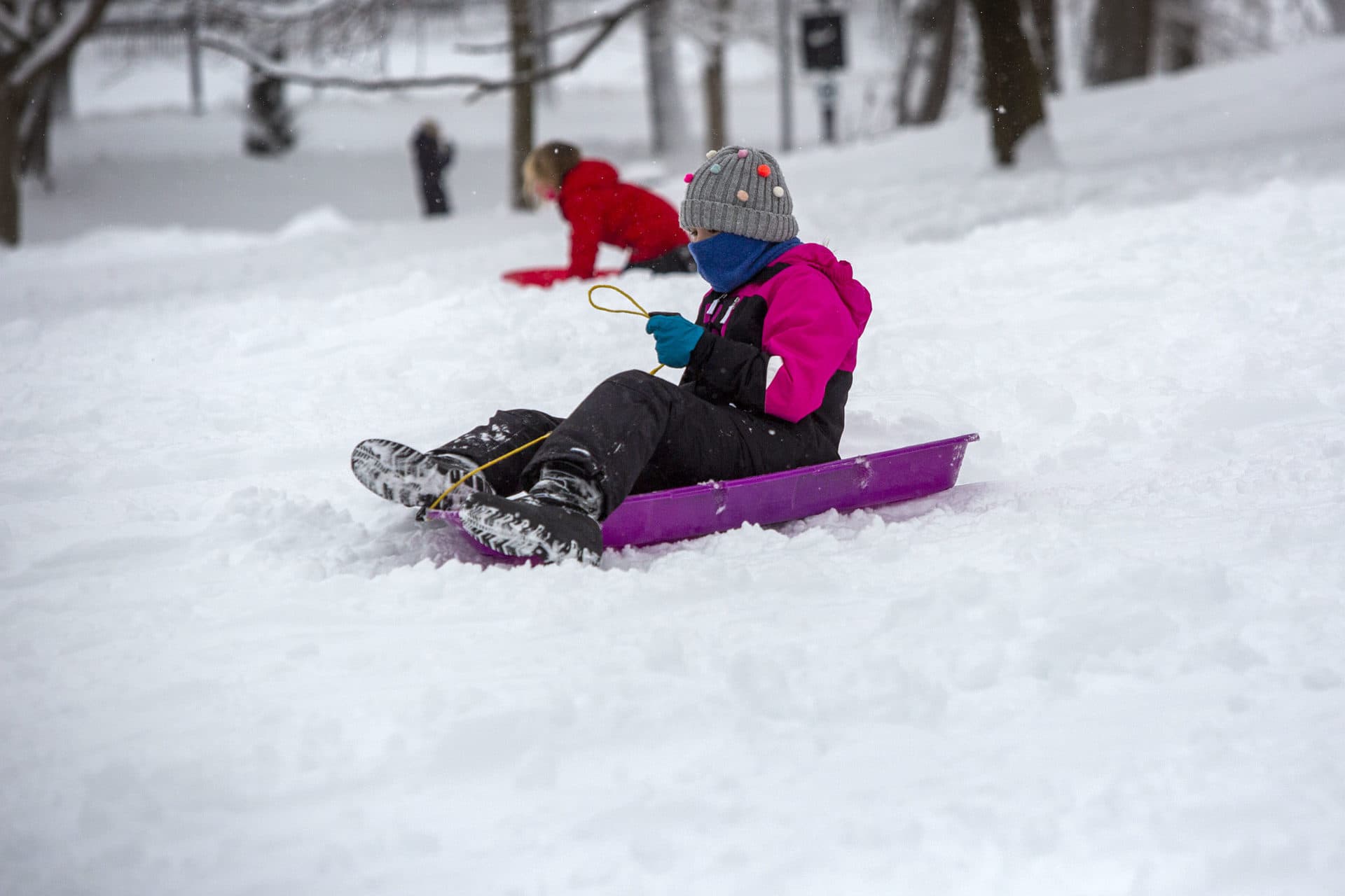 Sledders make their way down a hill on Boston Common. (Robin Lubbock/WBUR)