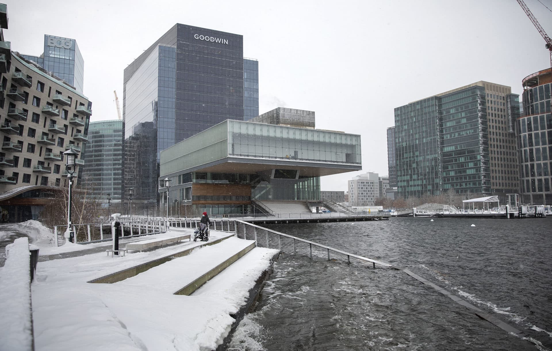 High tide at the ICA during the snow storm. (Robin Lubbock/WBUR)