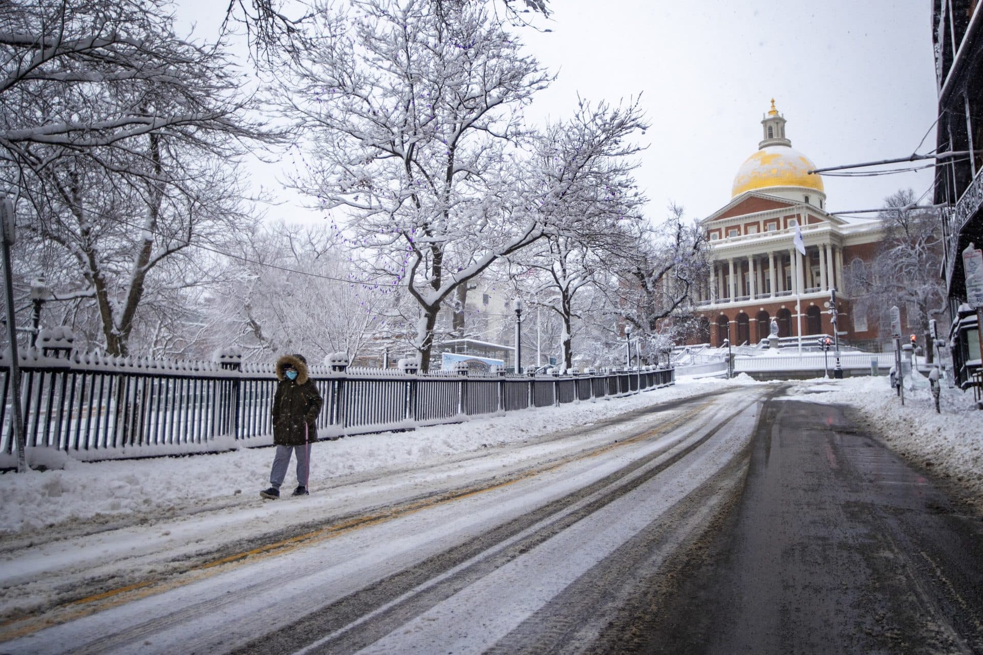 A woman walks down Park Street during the snowstorm. (Jesse Costa/WBUR)