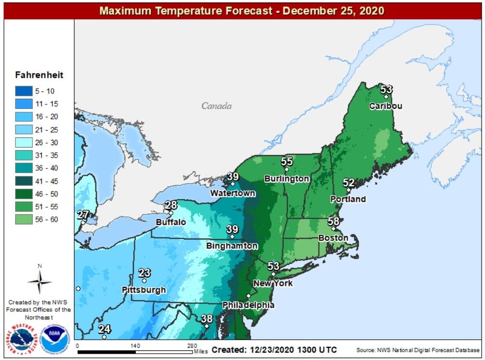 Highs will be approaching 60 degrees on Christmas morning. (Courtesy NOAA)