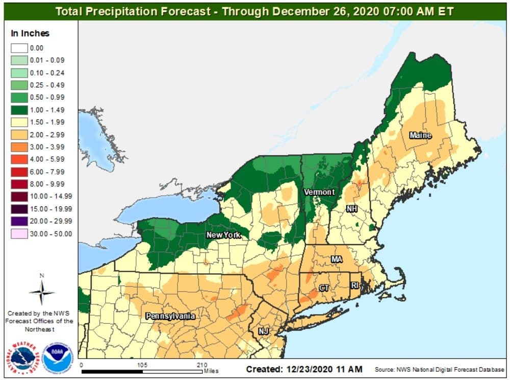 A few hours of heavy rain and strong winds are likely on Christmas morning. (Courtesy NOAA)